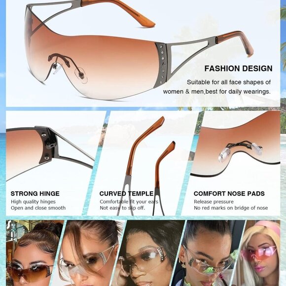 Y2K Sunglasses For Women Men Fashion Shield Rimless Wrap Around Sunglass Gradien - Picture 4 of 7